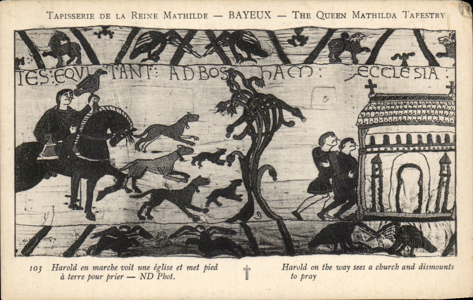 CPA Bayeux Tapisserie de la reine Mathilde Harold voit une eglise et met pied a terre pour prier