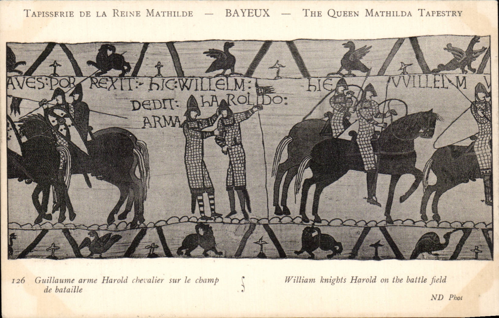 CPA Bayeux Tapisserie de la reine Mathilde Guillaume arme Harold chevalier sur le champ de bataille