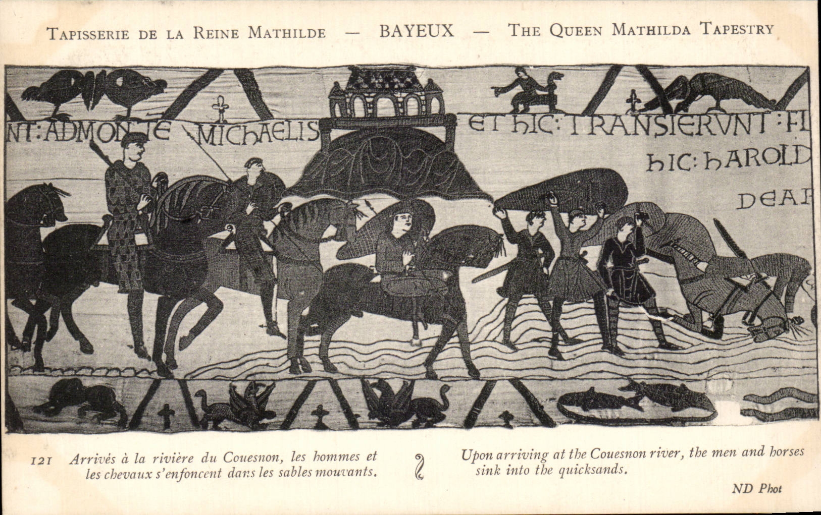 CPA Bayeux Tapisserie de la reine Mathilde Arrives a la riviere de Couesnon les hommes et les chevaux s'enfoncent
