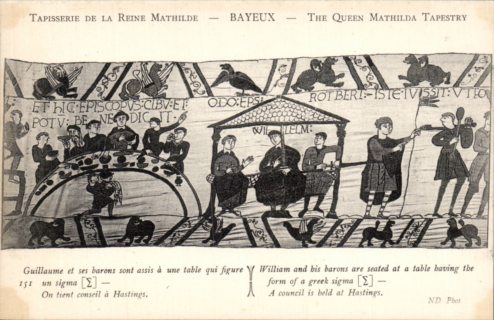 CPA Bayeux Tapisserie de la reine Mathilde Guillaume et ses barns sont assis a une table