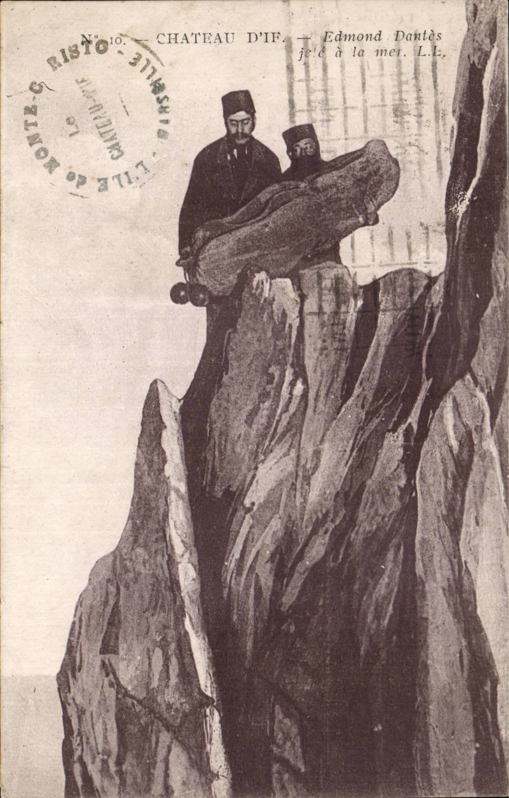 Castle of Yew - Illustration - Edmond Dantes thrown to the sea - CPA