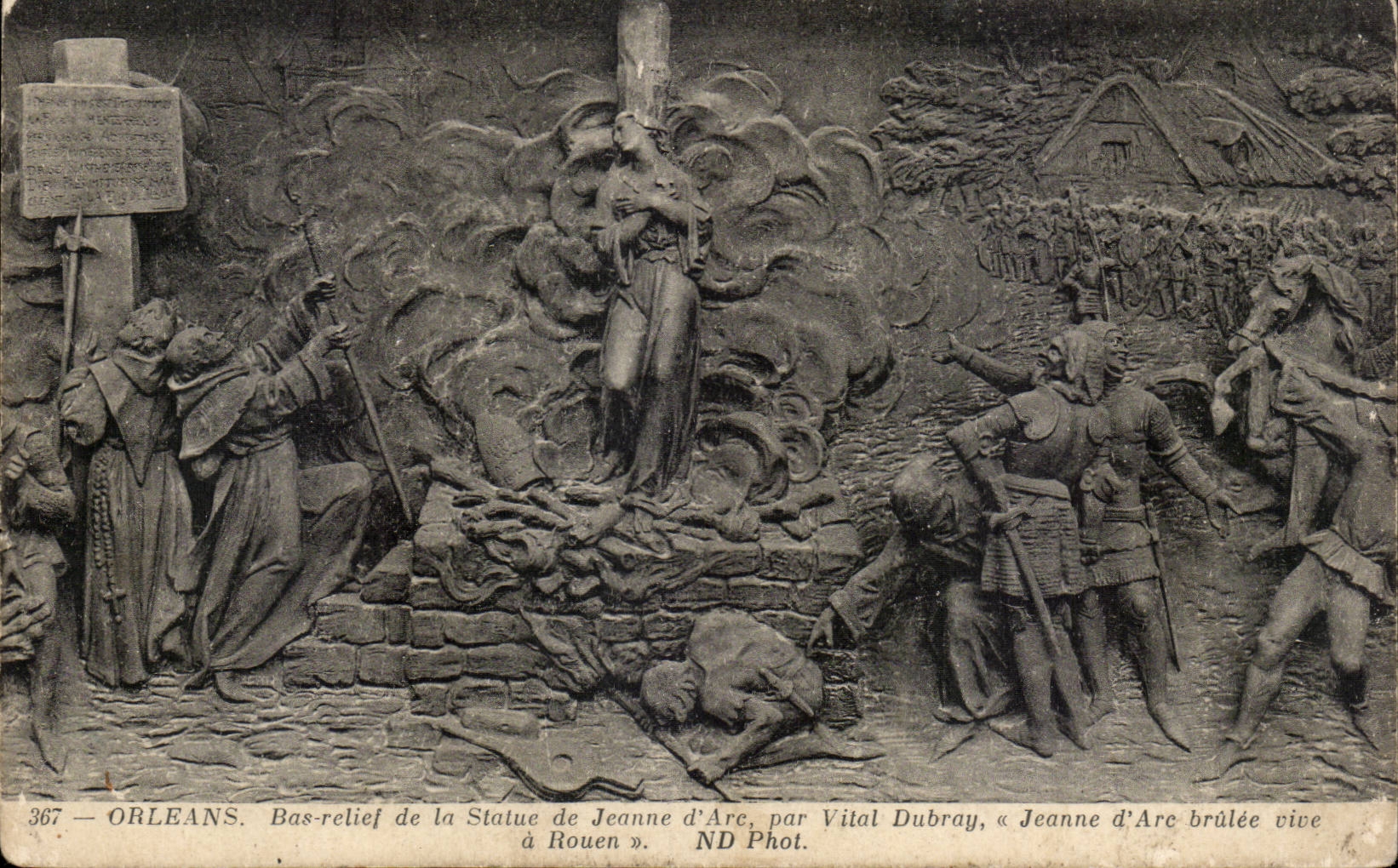 CPA Orleans Bas relief of Statue of Jeanne of arc by Vital Dubray Jean of arc brulee lives has Rouen