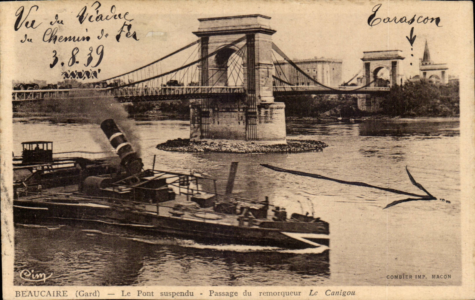 CPA Beaucaire the suspended bridge Passage of the tug boat Canigou