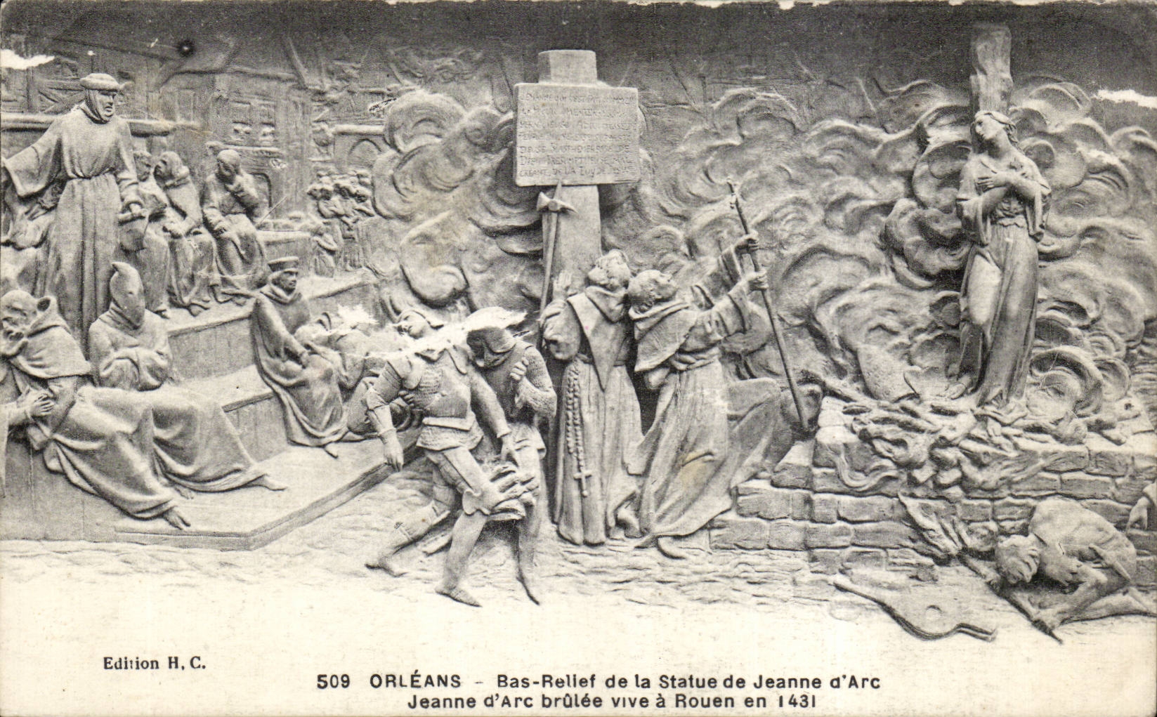 CPA Orleans Bas relief of Statue of Jeanne of arc Jeanne brulee lives has Rouen in 1431