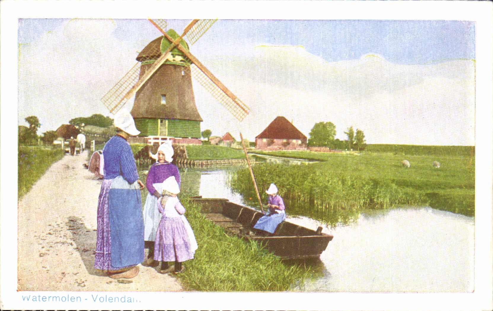 CPA the Netherlands Watermolen Windmill Mill Voldendam Holland Folklore Costume