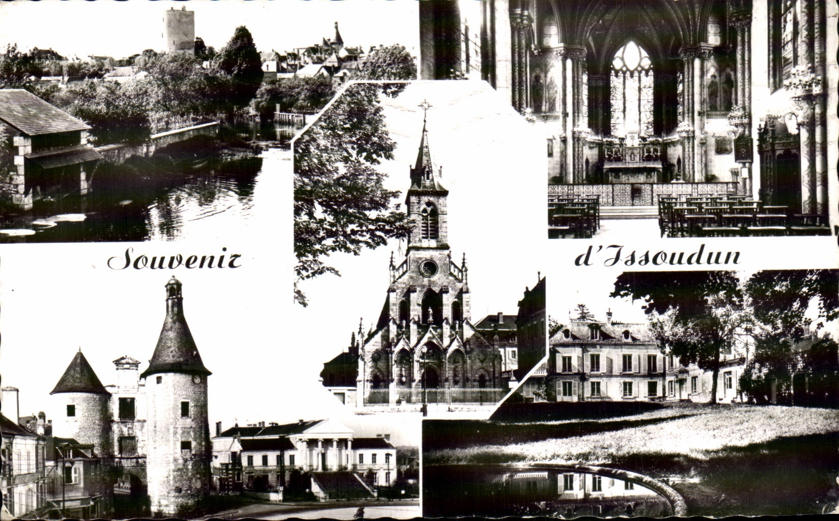 CPSM Issoudun Bords de la Theols Interieur de la basilique Sacre Coeur Beffroi Chateau de la Frapesle