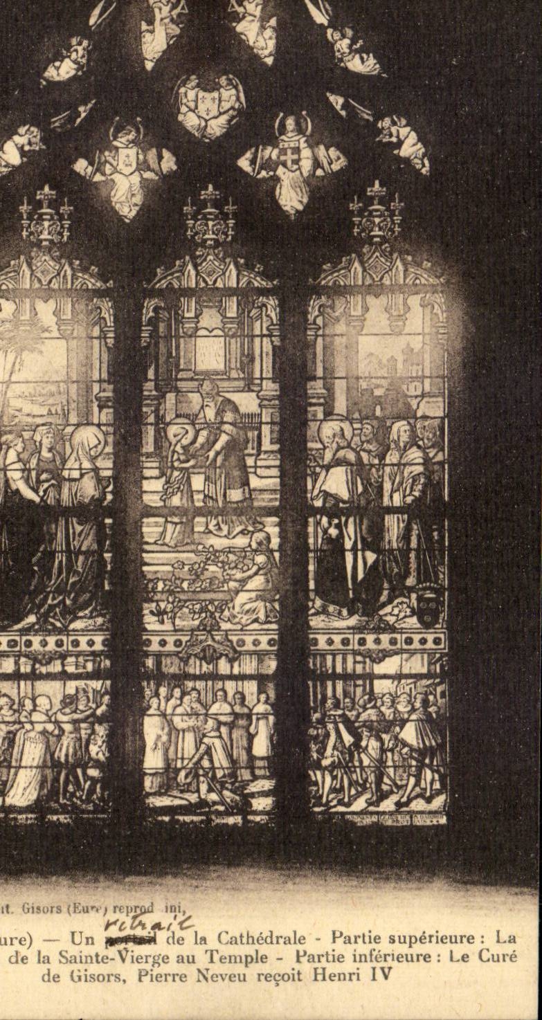 CPA Gisors Un vitrail de la cathedrale La presentation de la Sainte Vierge au temple Le cure de Gisors Pierre Neveu reco