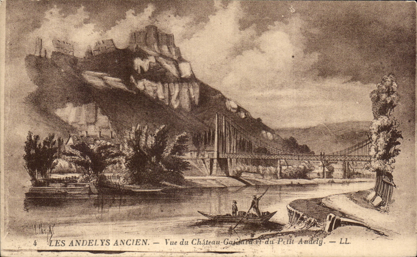 Vieja Andelys vista de CPA del castillo fuerte y del pequeno Andely