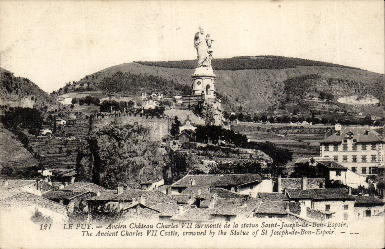 CPA Puy Ancien castle Castle Charles VII surmounts Statue Ssaint Joseph of Good hope