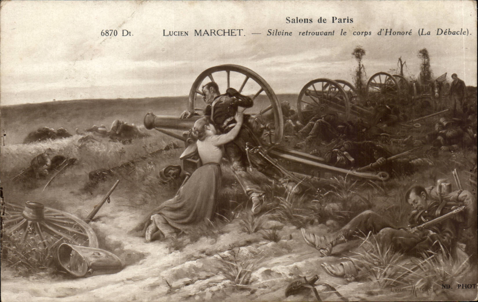 CPA Fantaisie Salons de Paris Lucien Marchet Silvine retrouvant le corps d'Honore (la debacle) Militaria 