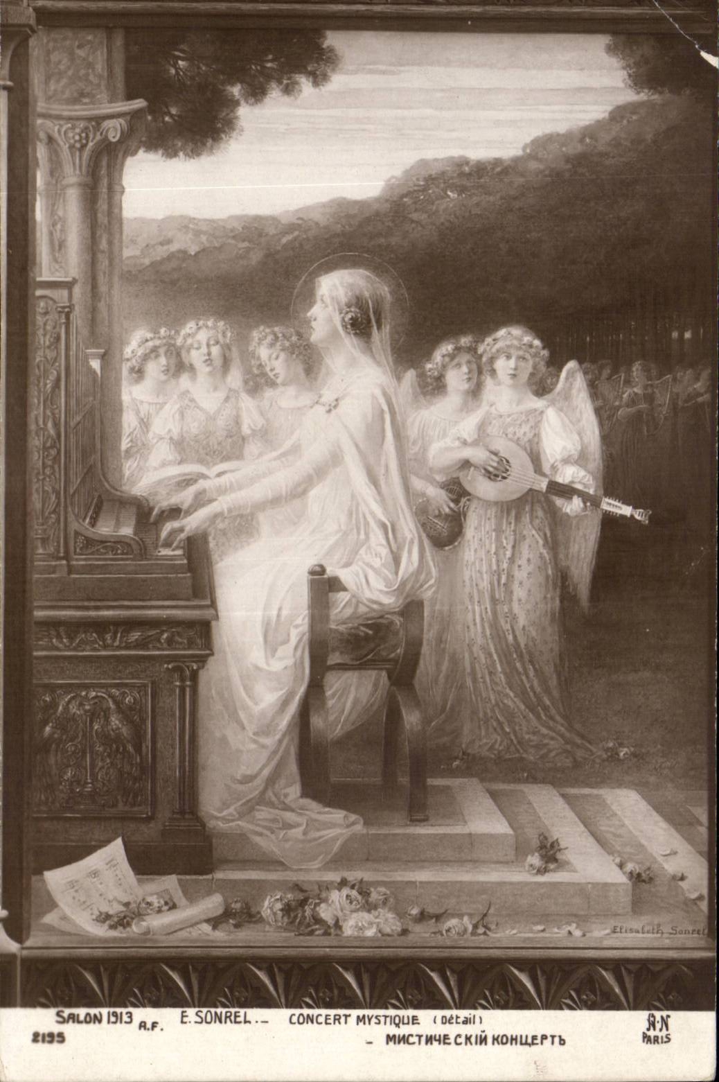CPA Fantaisie Salon 1913 Sonrel Concert mystique Ange Angel