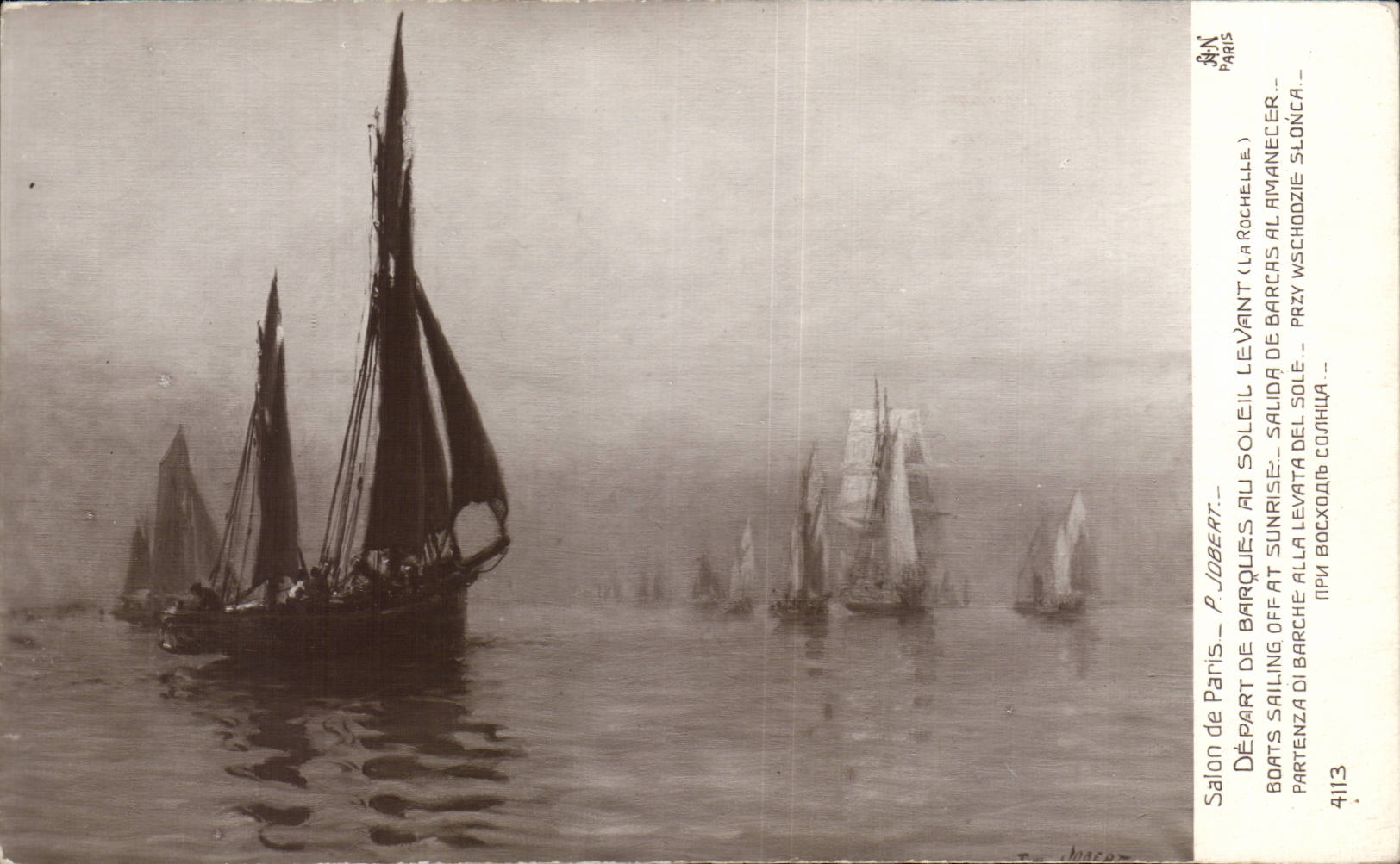 CPA Fantaisie Salon de Paris Jobert DEpart de barques au soleil levant La rochelle