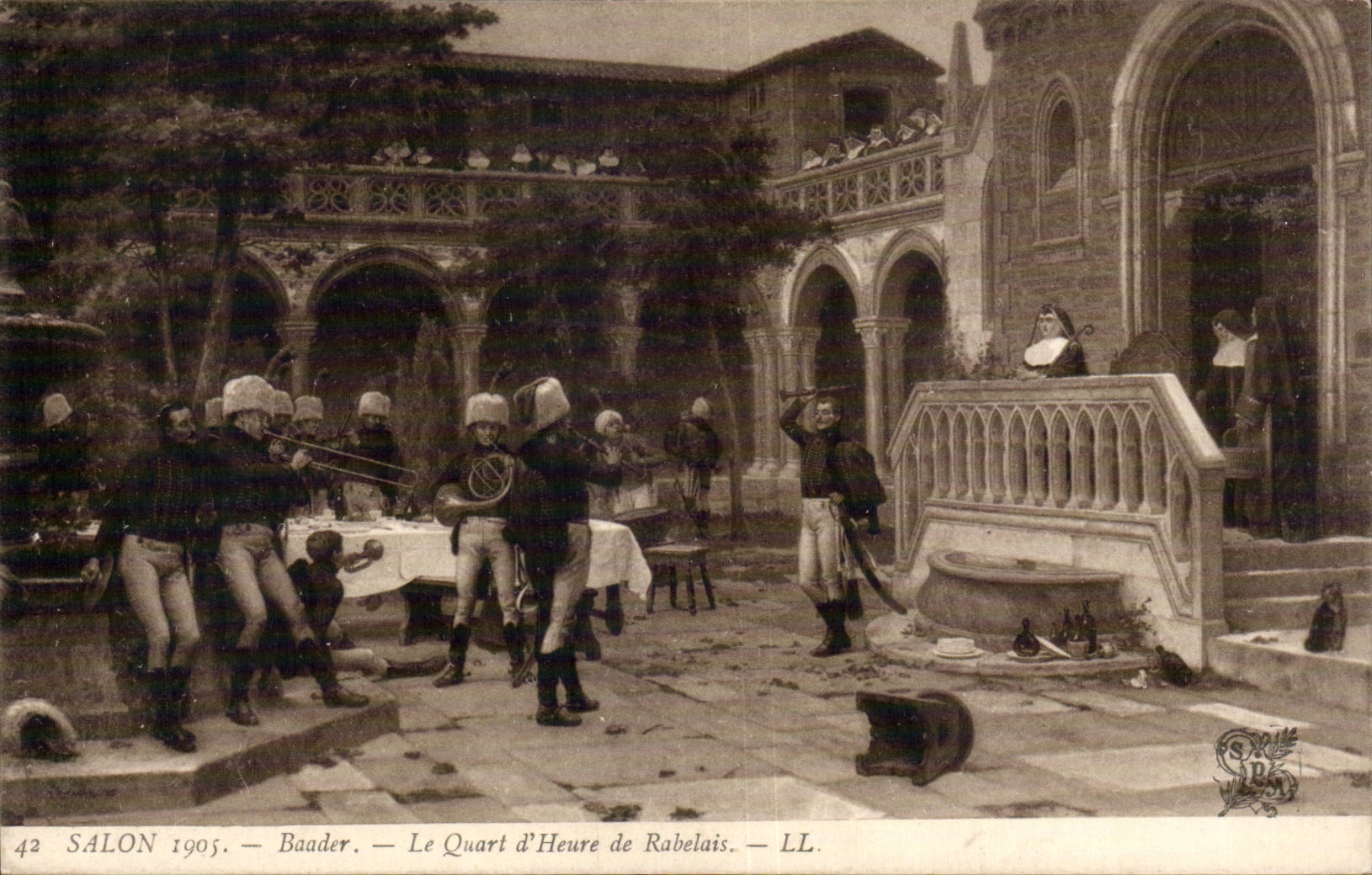 CPA Fantaisie salon 1905 Baader Le quart d'heure de Rabelais Militaria 