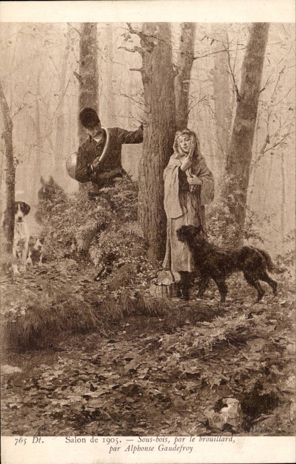 CPA Fantaisie Salon de 1905 Sous bois par le brouillard par Gaudefroy Chasse Chasseur