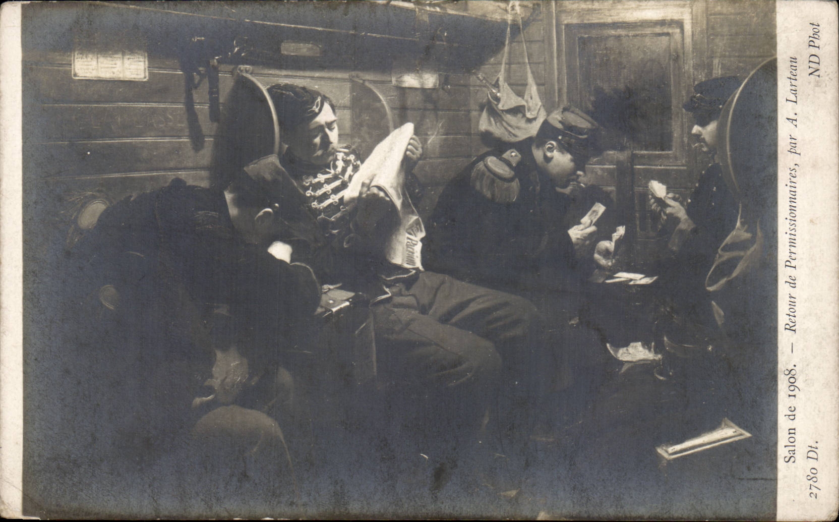 CPA Fantaisie Salon de 1908 Retour de permissionnaires par Larteau Militaria 