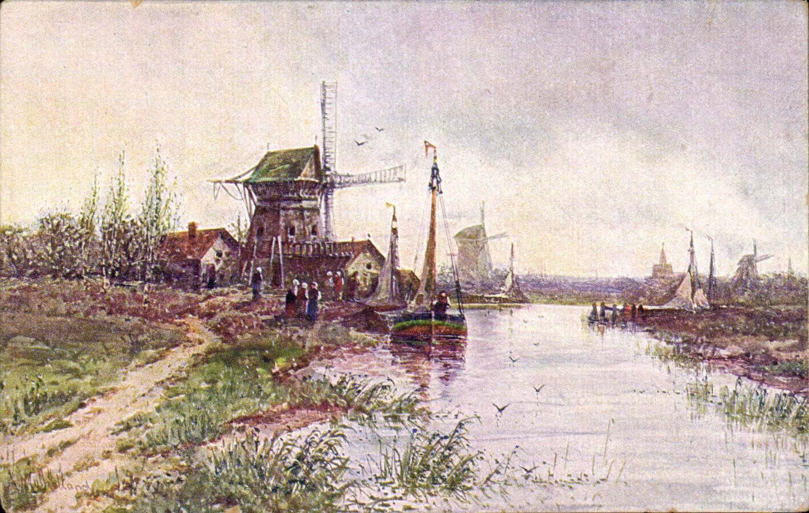 CPA Fantaisie Paysage au bord de l'eau Moulin Windmill