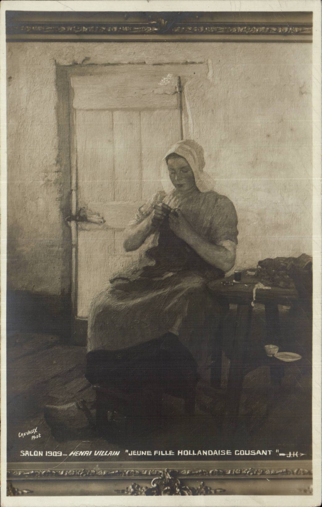 CPA Fantaisie Salon 1913 Henri Villain Jeune fille hollandaise Cousant