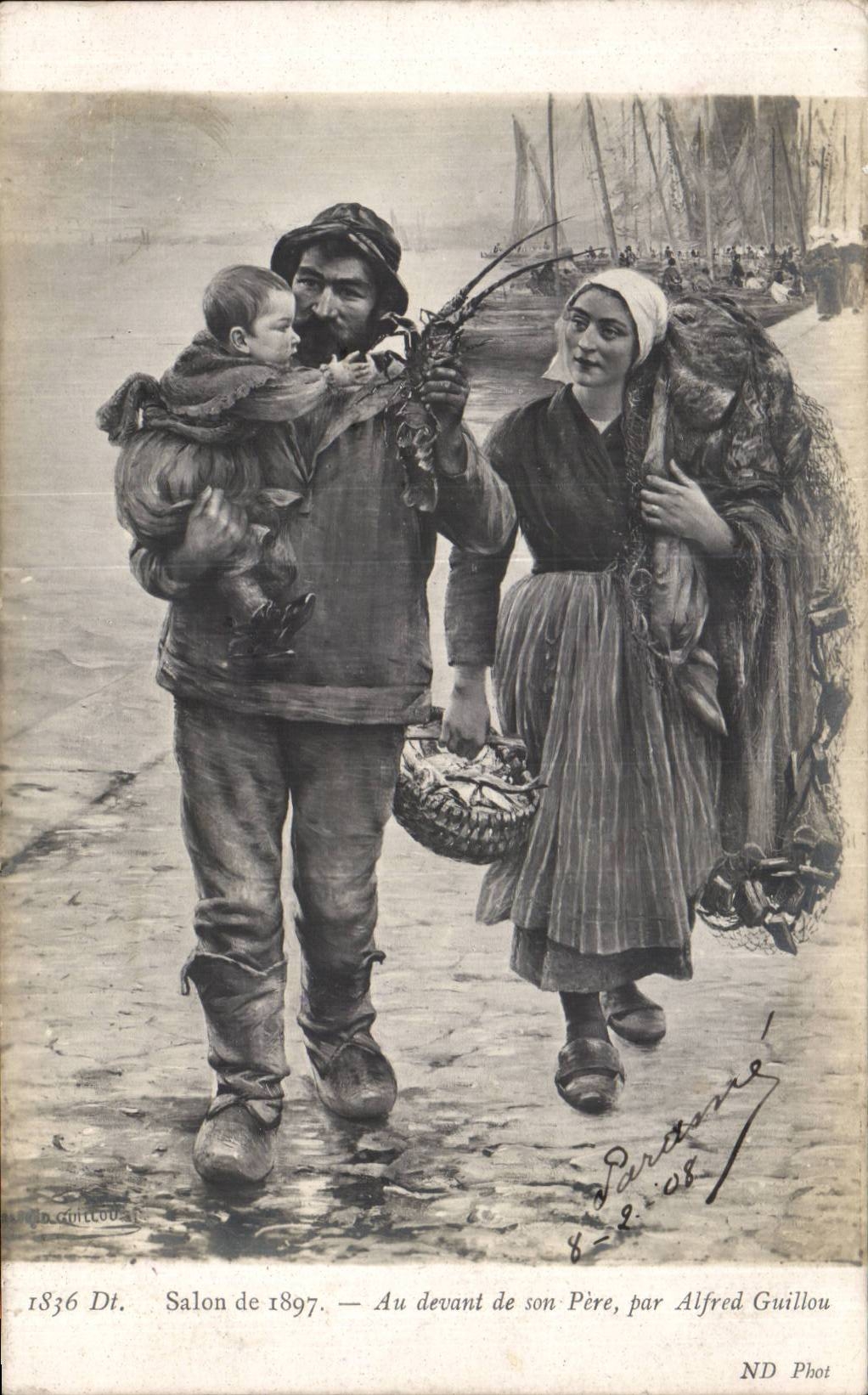 CPA Fantaisie Salon 1897 Au devant de son pere Alfred Guillou Pecheur Langouste