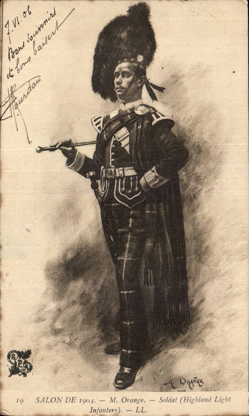 CPA Fantaisie Salon de 1914 Orange Soldat Highland Light Infantery 
