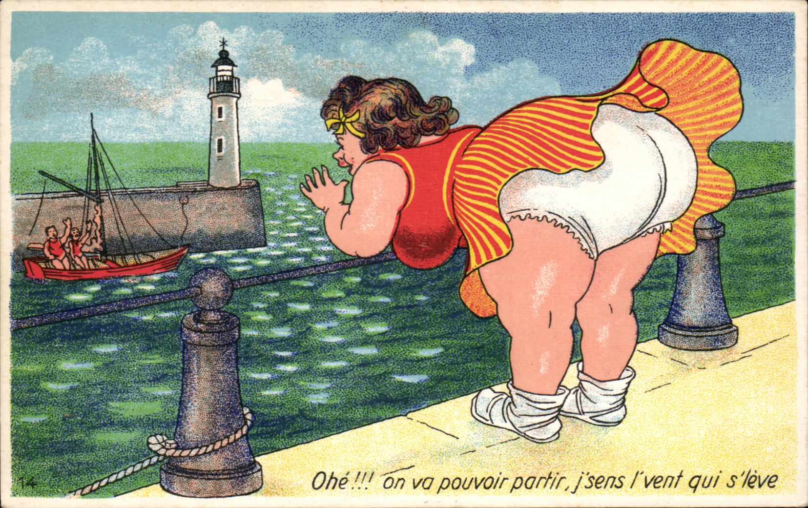 CPA Humour Femme forte Lighthouse Phare Ohe on va pouvoir partir :::