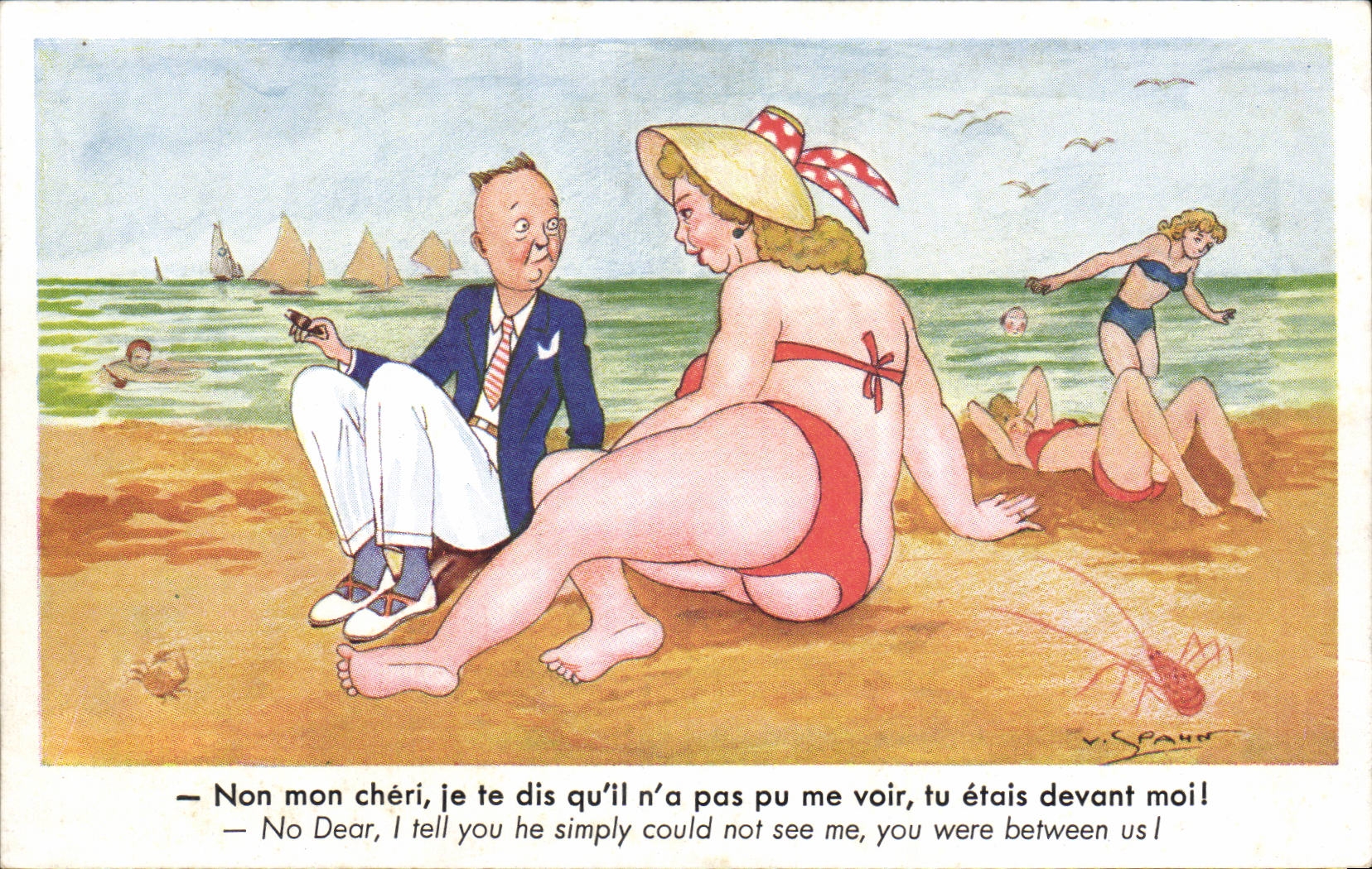 Humour - Illustration - woman in bathing suit - bathing suit - CPA 