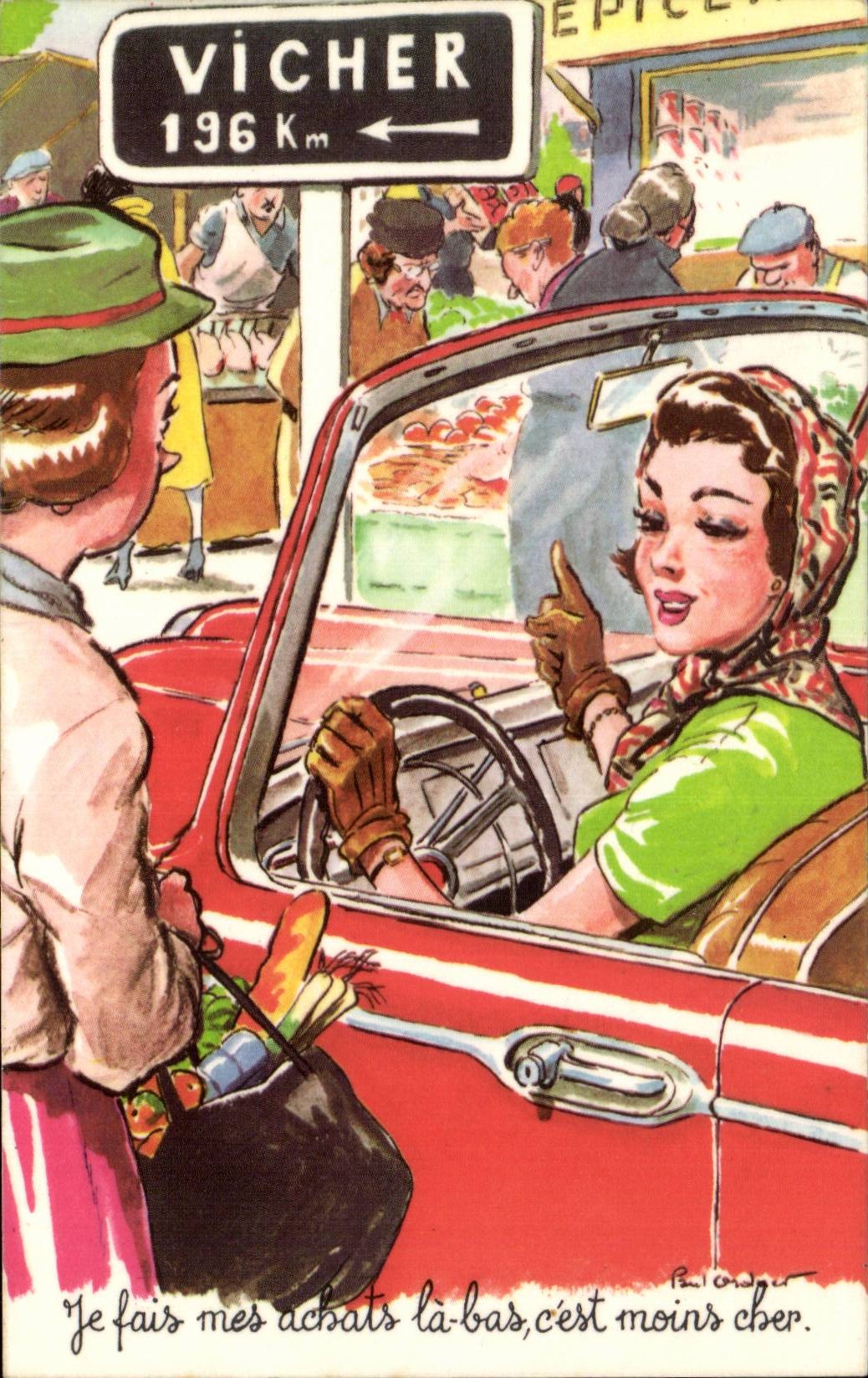 Humour - Illustration - Jolie Femme - Voiture - Classic Car - CPA 