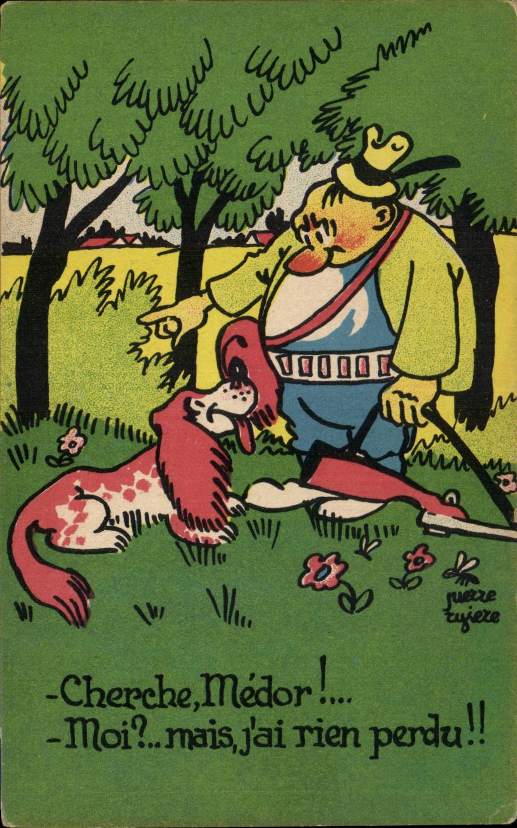 Humor - ilustracion - busquedas Medor - cazador - cazador - perro - perro - CPA