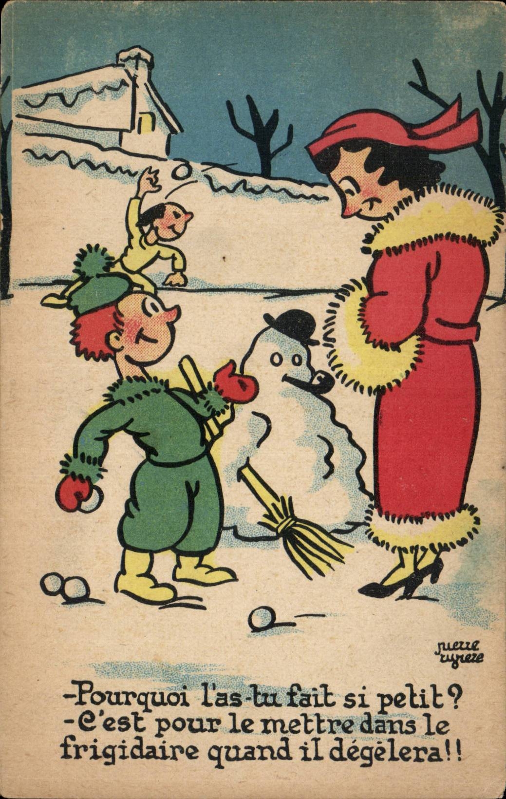 Humor - ilustracion - ninos - invierno - Bonnehomme de Neige - CPA