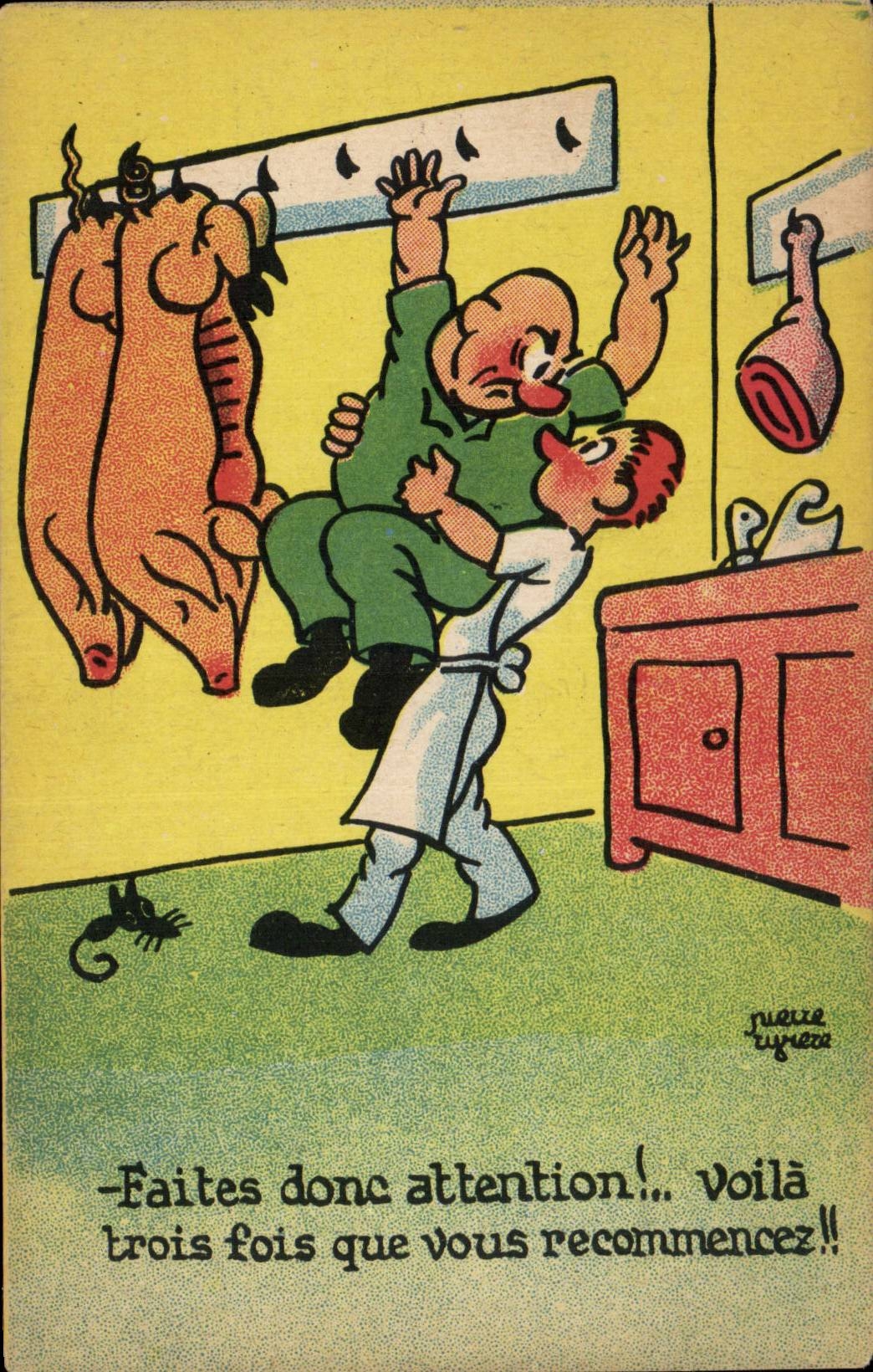 Humor - ilustracion - atencion asi hecha - carniceria - cerdo - CPA