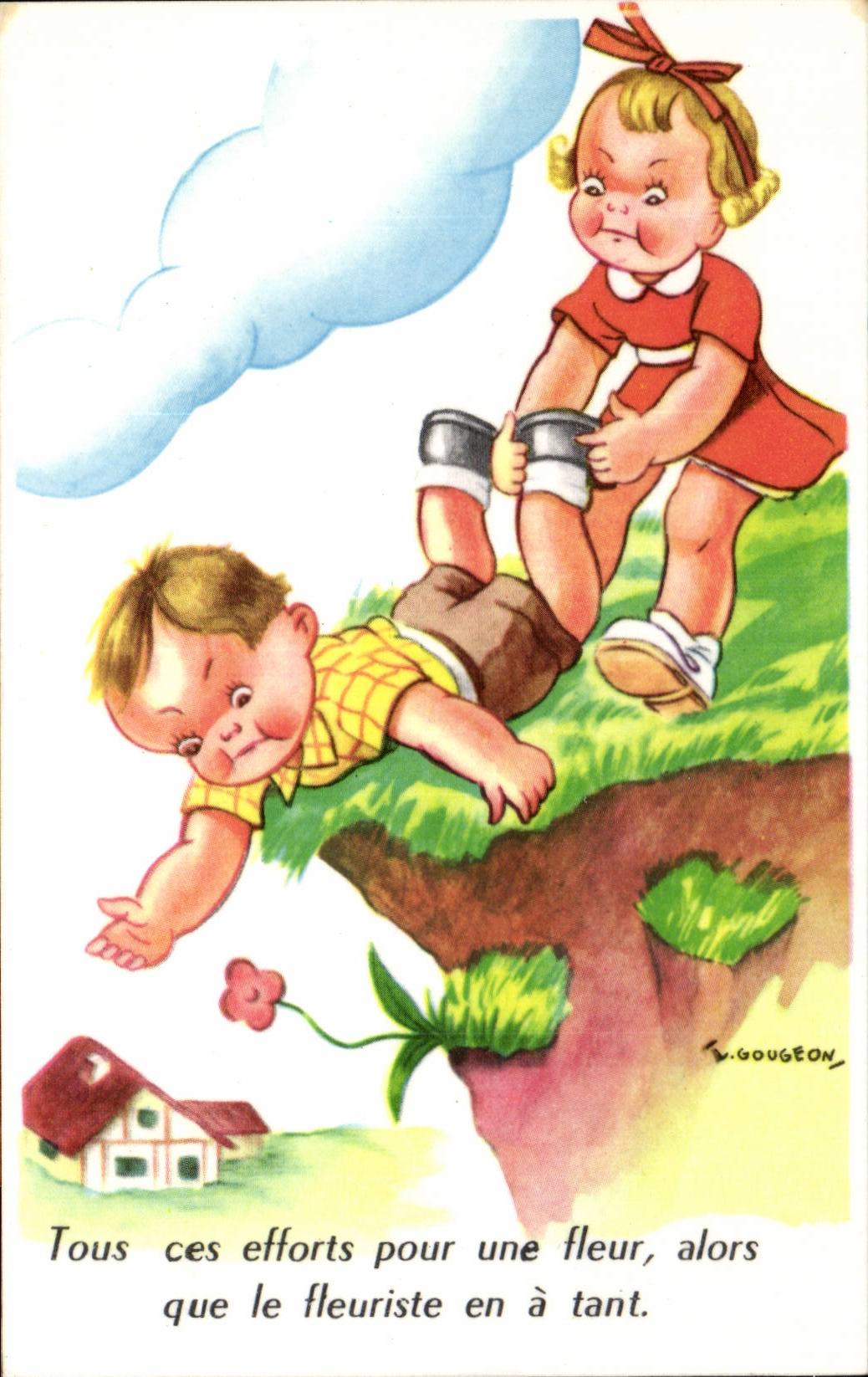 Fantasia - ilustracion - ninos - todos estos esfuerzos para las flores - CPA