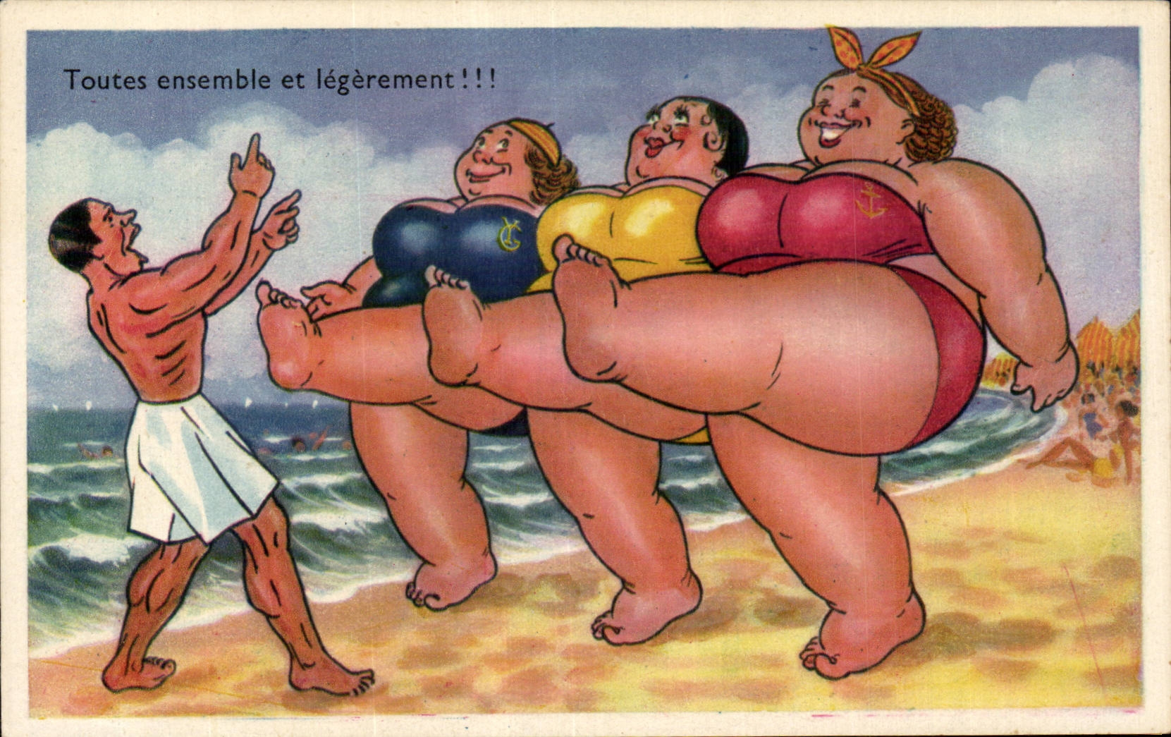 Humour - Illustration - Toutes Ensemble et legerement - la plage - beach - CPA 