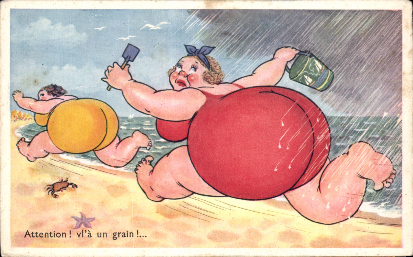 Humour - Illustration - Attention! plage - bain - beach - swimming - CPA 