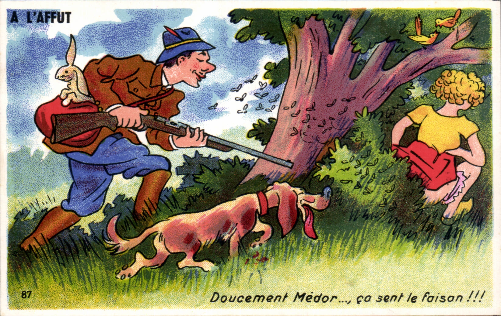 Humour - Illustration - Doucement Medor - ca sent le faisan - chien - dog - chasse - hunting - CPA