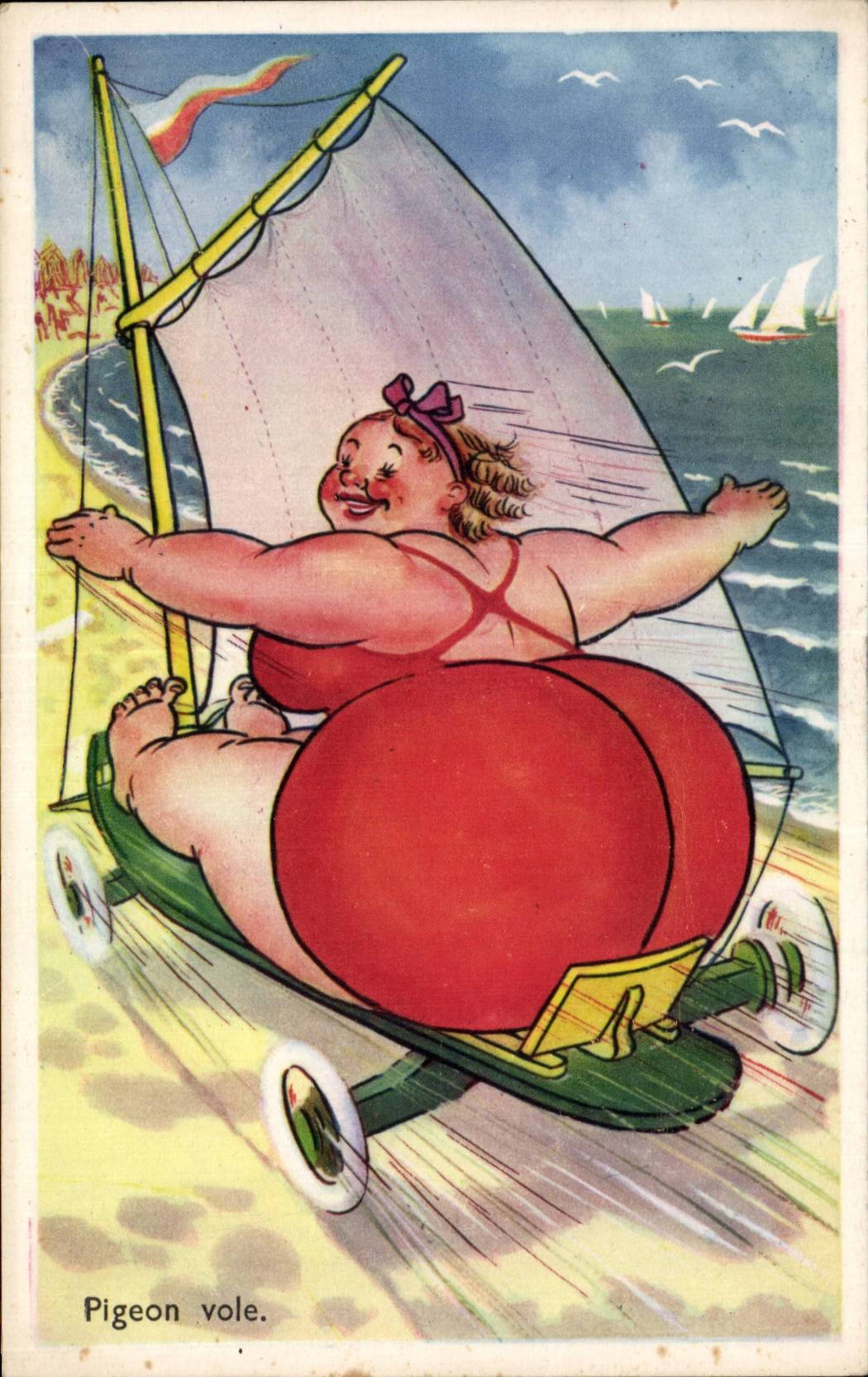 Humour - Illustration - Pigeon Vole - plage - bain - beach - CPA 