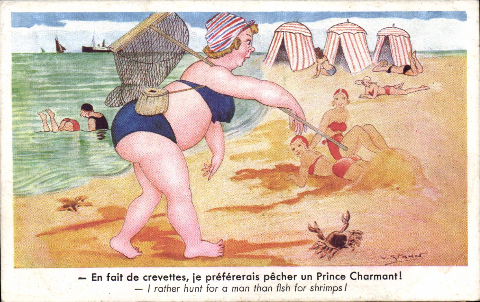 Humour - Illustration - la plage - crabe - crevettes - beach - crab - shrimp - CPA 