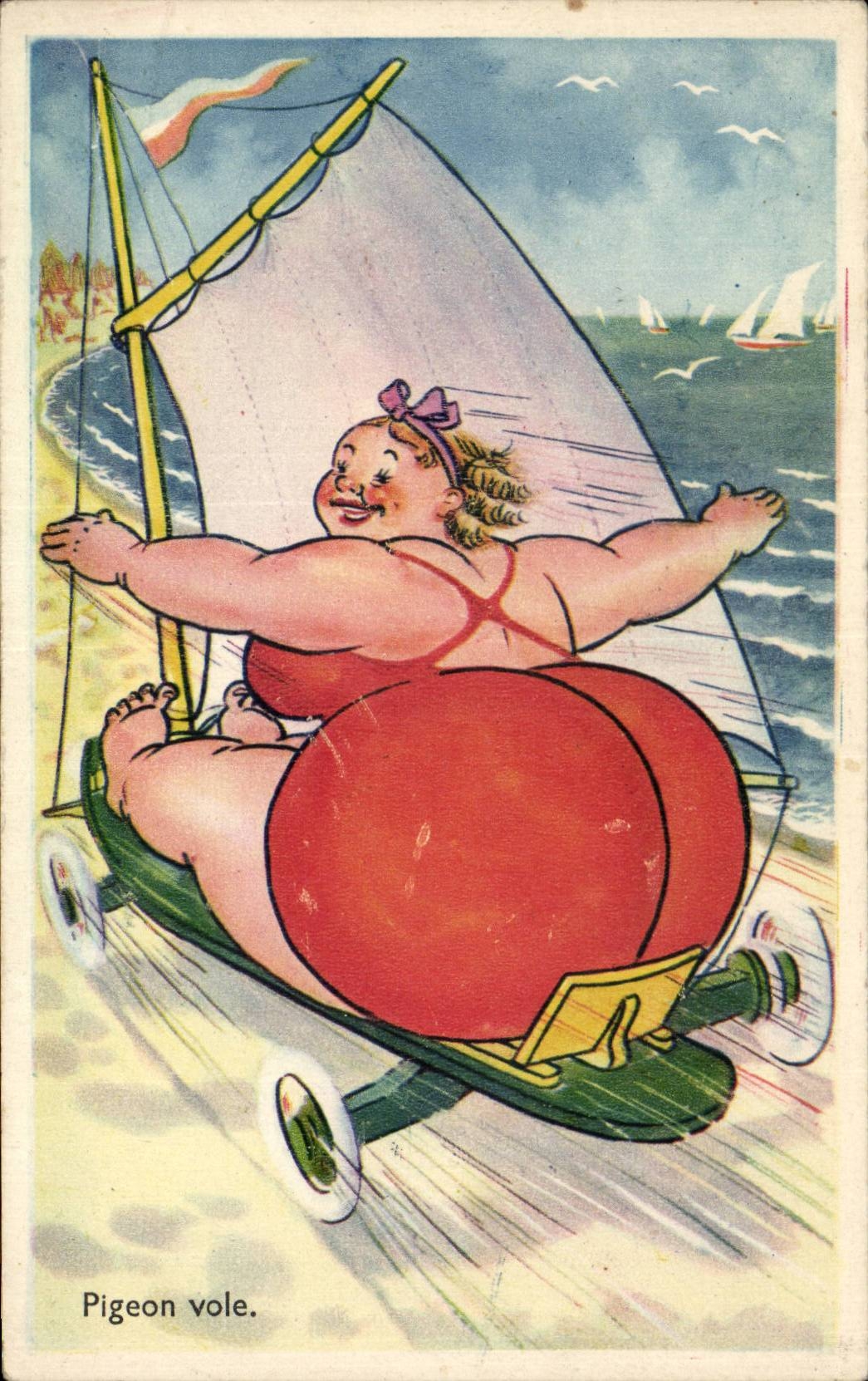 Humour - Illustration - Pigeon Vole - plage - beach - CPA 