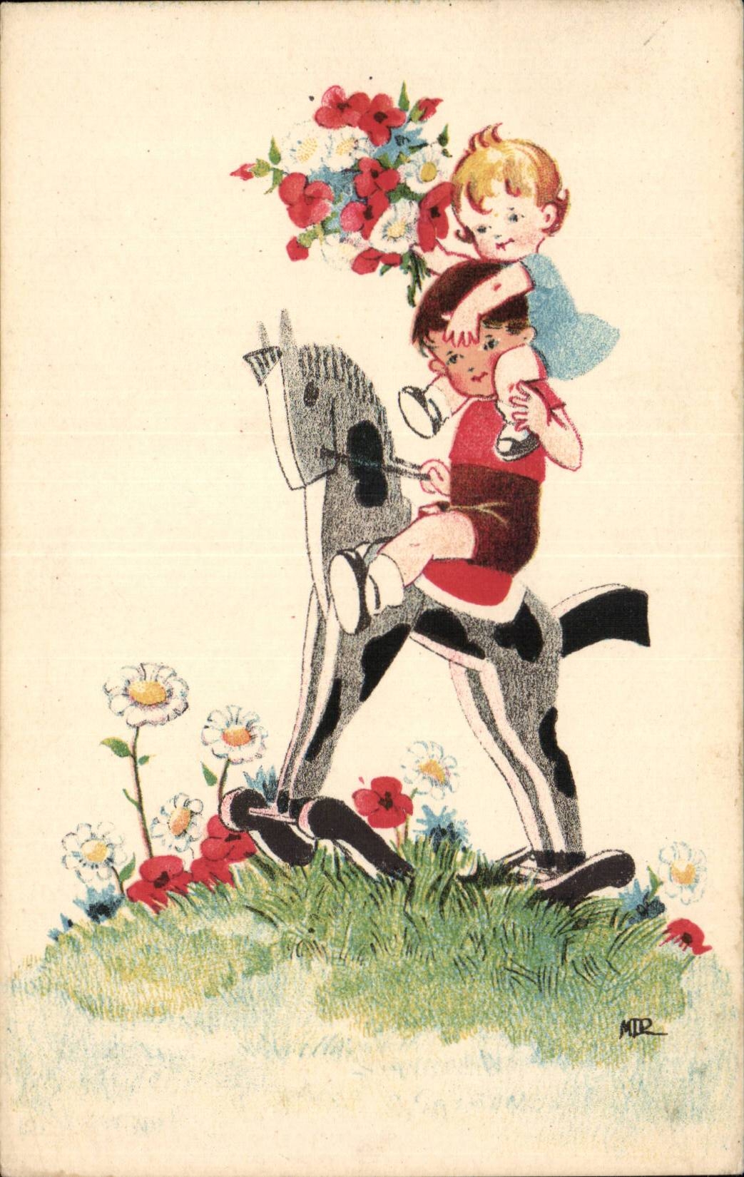 Fantasia - ninos - ilustracion - ninos un caballo de la mania - CPA