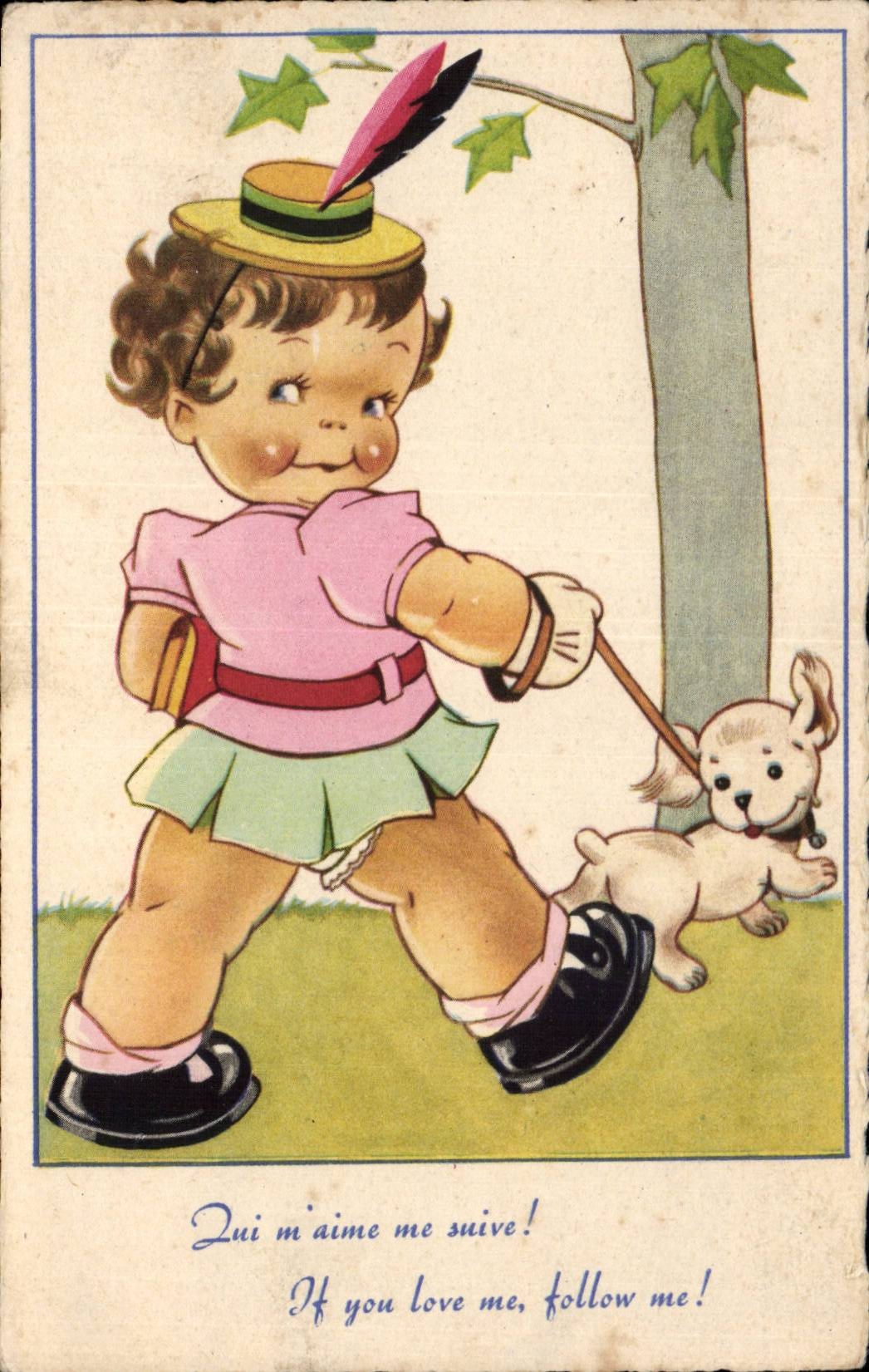 Fantasia - ninos - ilustracion - perro que camina de la muchacha - perro - CPA