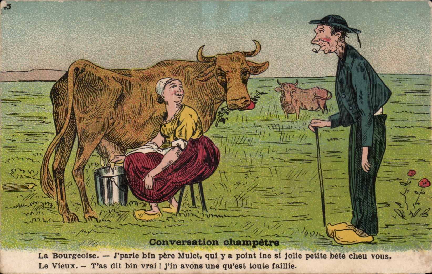 CPA Fantaisie Humour Conversation champetre Vache Paysans