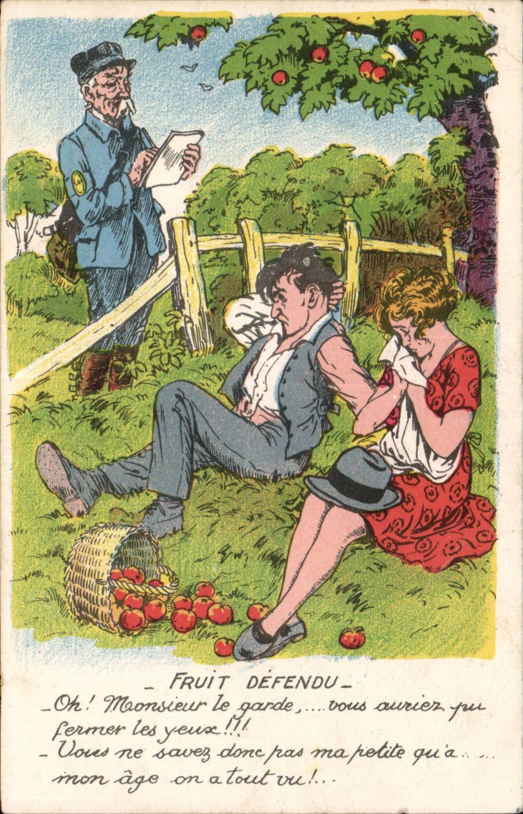 CPA Fantaisie Illustrateur Fruit defendu Gendarme