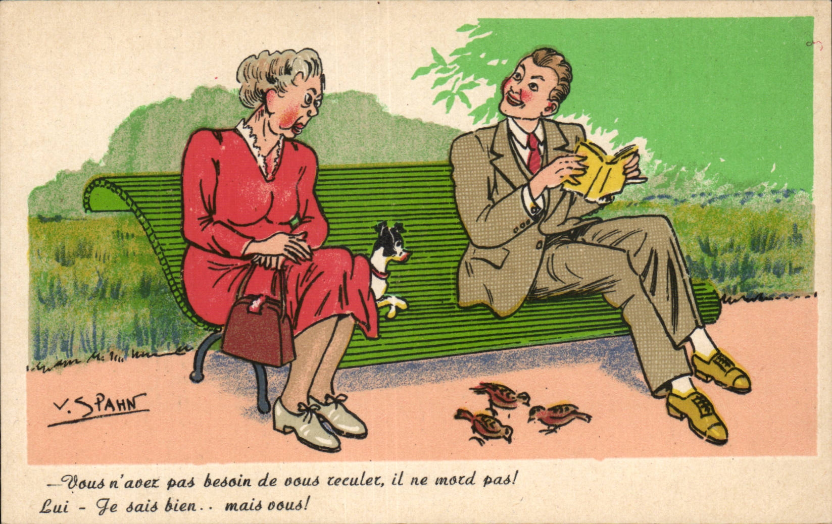 CPA Fantaisie Humour Vous n'avez pas besoin de vous reculer il ne mord pas ! chien Spahn