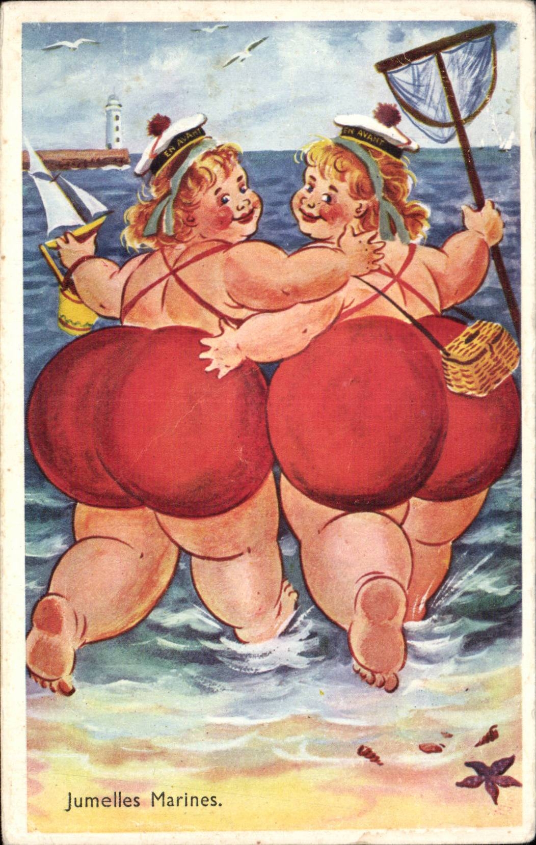 CPA Fantaisie Humour Femme forte Jumelles marines