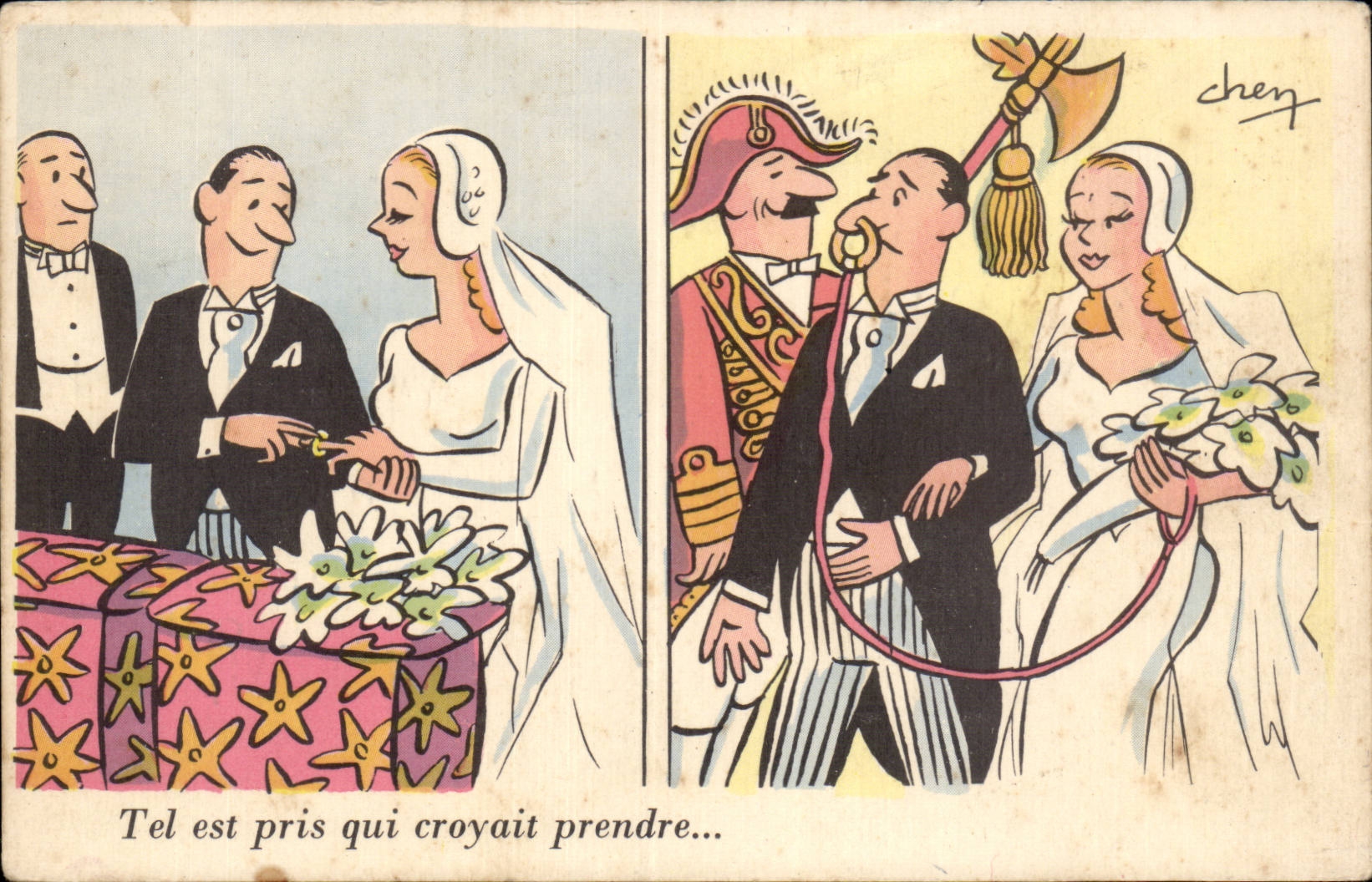 Humour - Illustration - mariage - wedding - bride - groom - CPA Chen