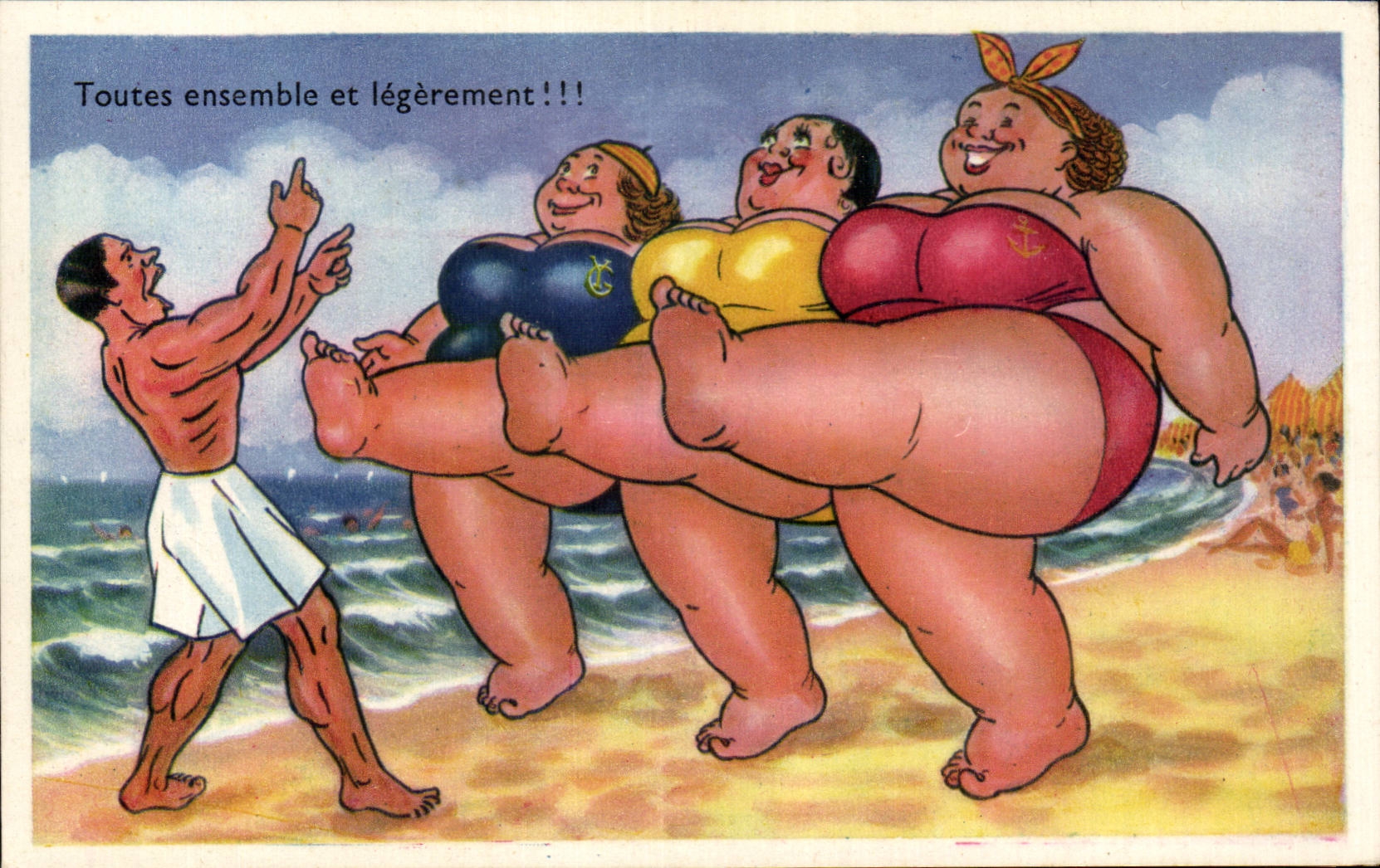 Humour - Illustration - bain - swimming - plage - beach - toutes ensemble et legerement - CPA 