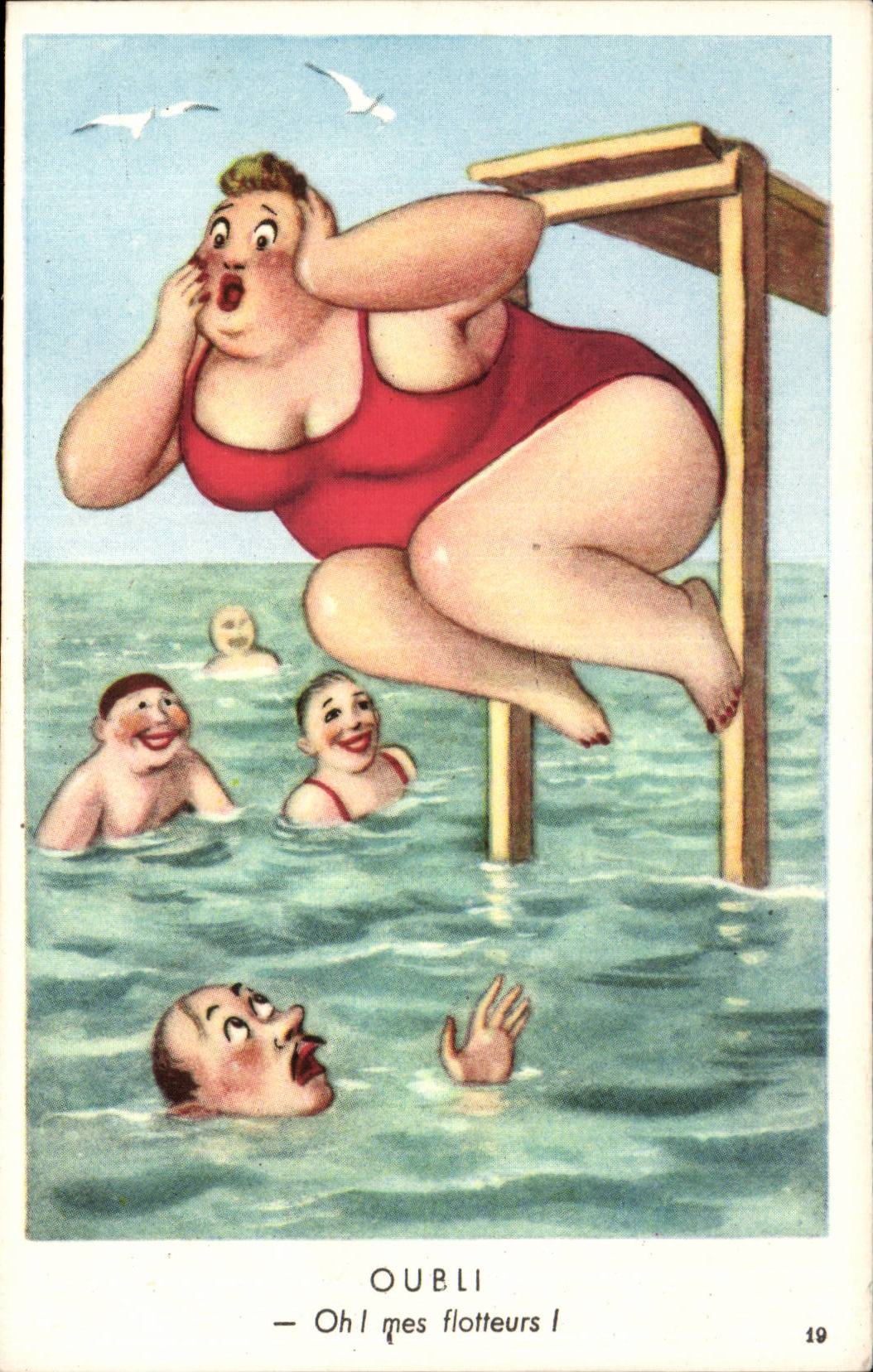 Humour - Illustration - bain - swimming - plage - beach - Oh! Mes Flotteurs - CPA 