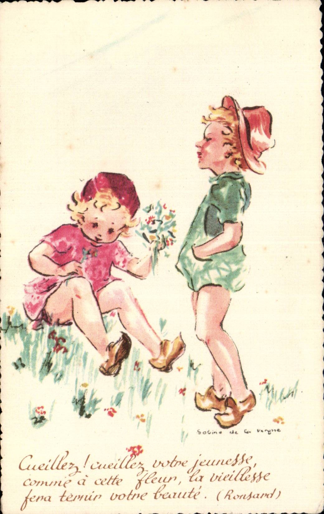 Ninos - ilustracion - ninos con las flores - CPA