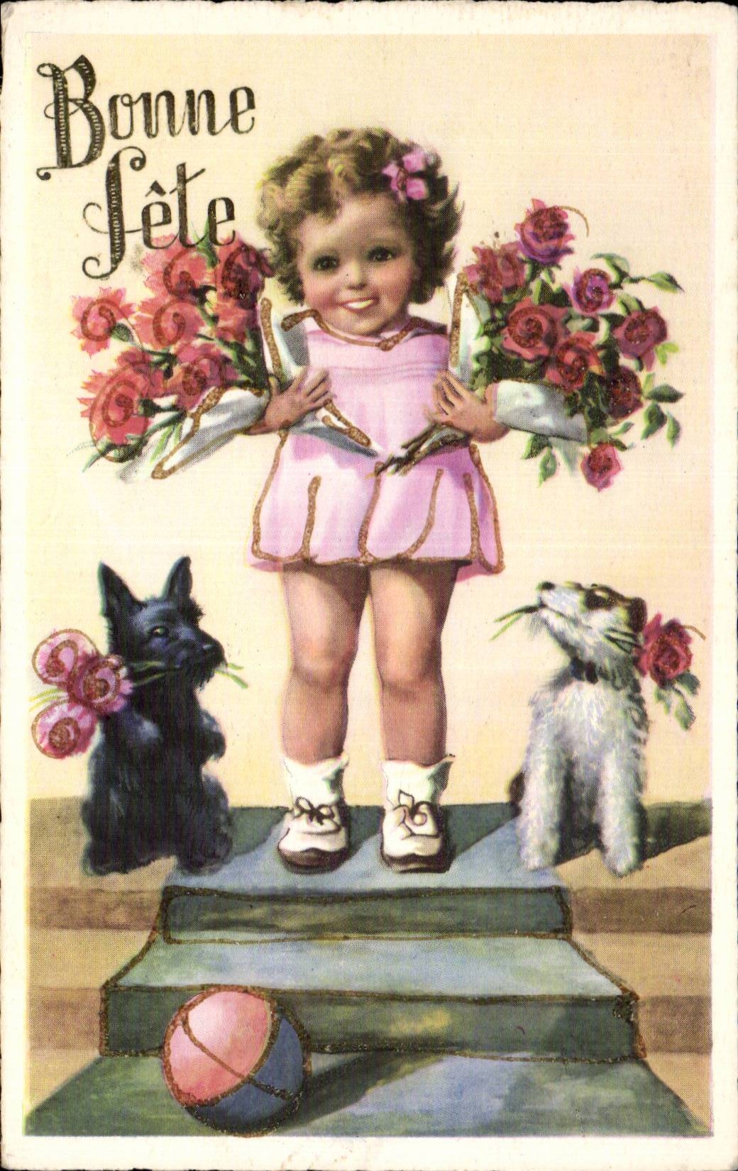 Enfants - Illustration - cute little girl with flowers - chien - dog - CPA 