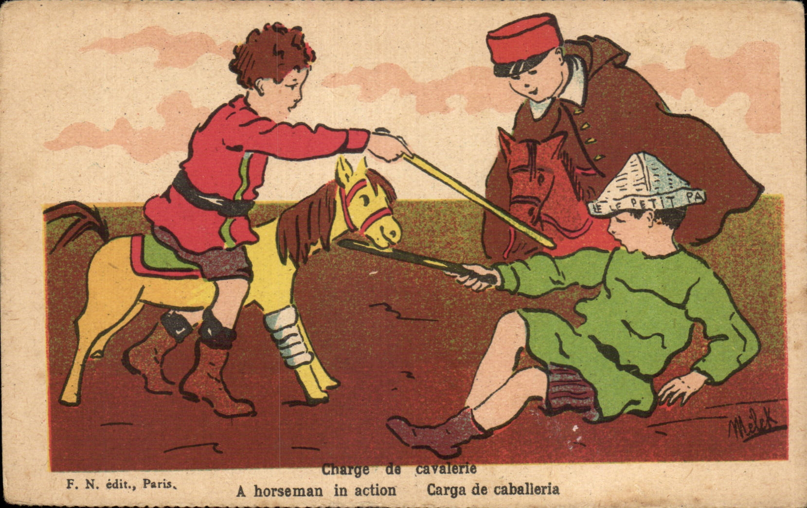 Ninos - ilustracion - caballeria - caballo - caballo - CPA