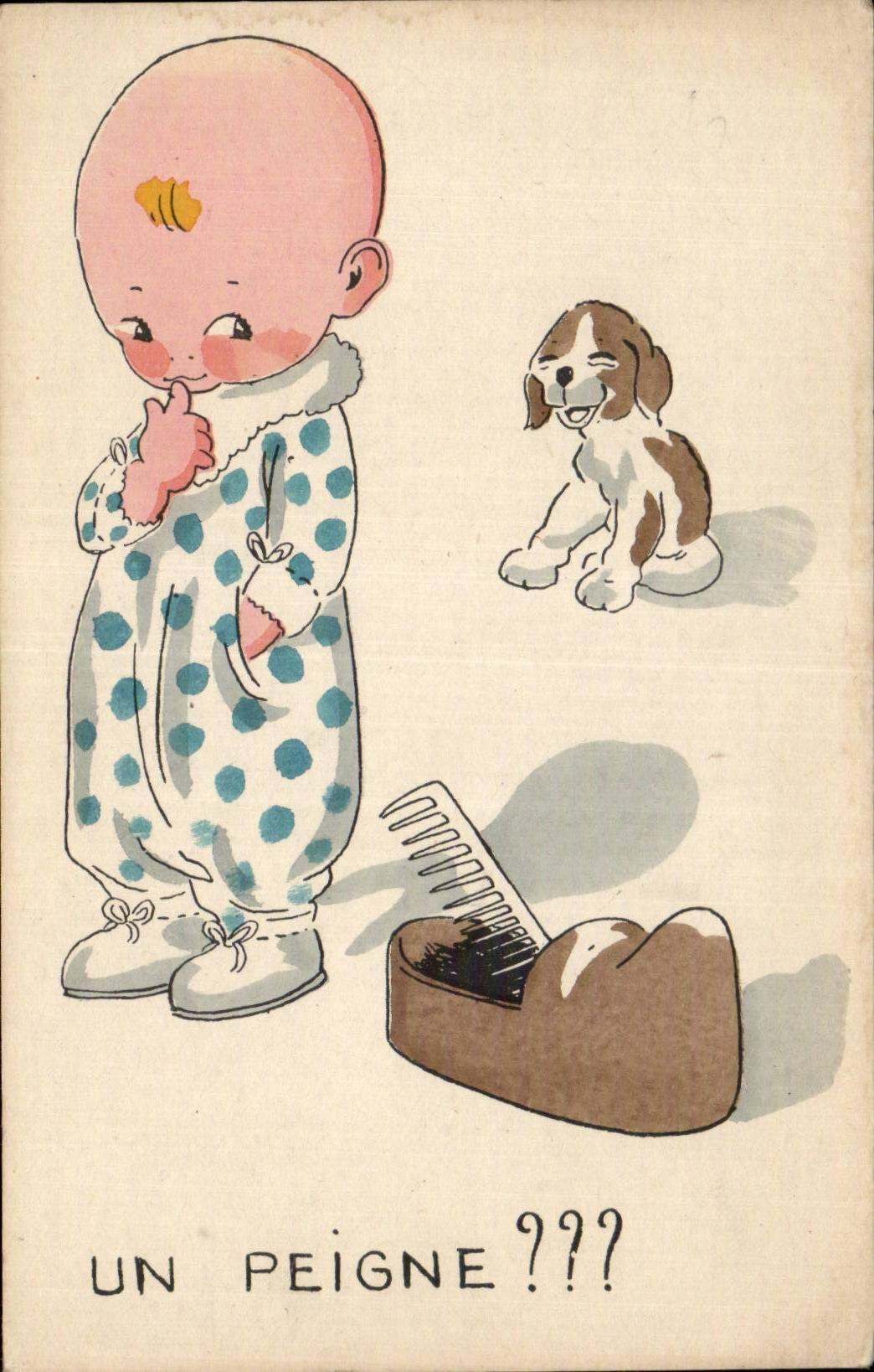 Nino - bebe - ilustracion - un perro del peine - perro - CPA