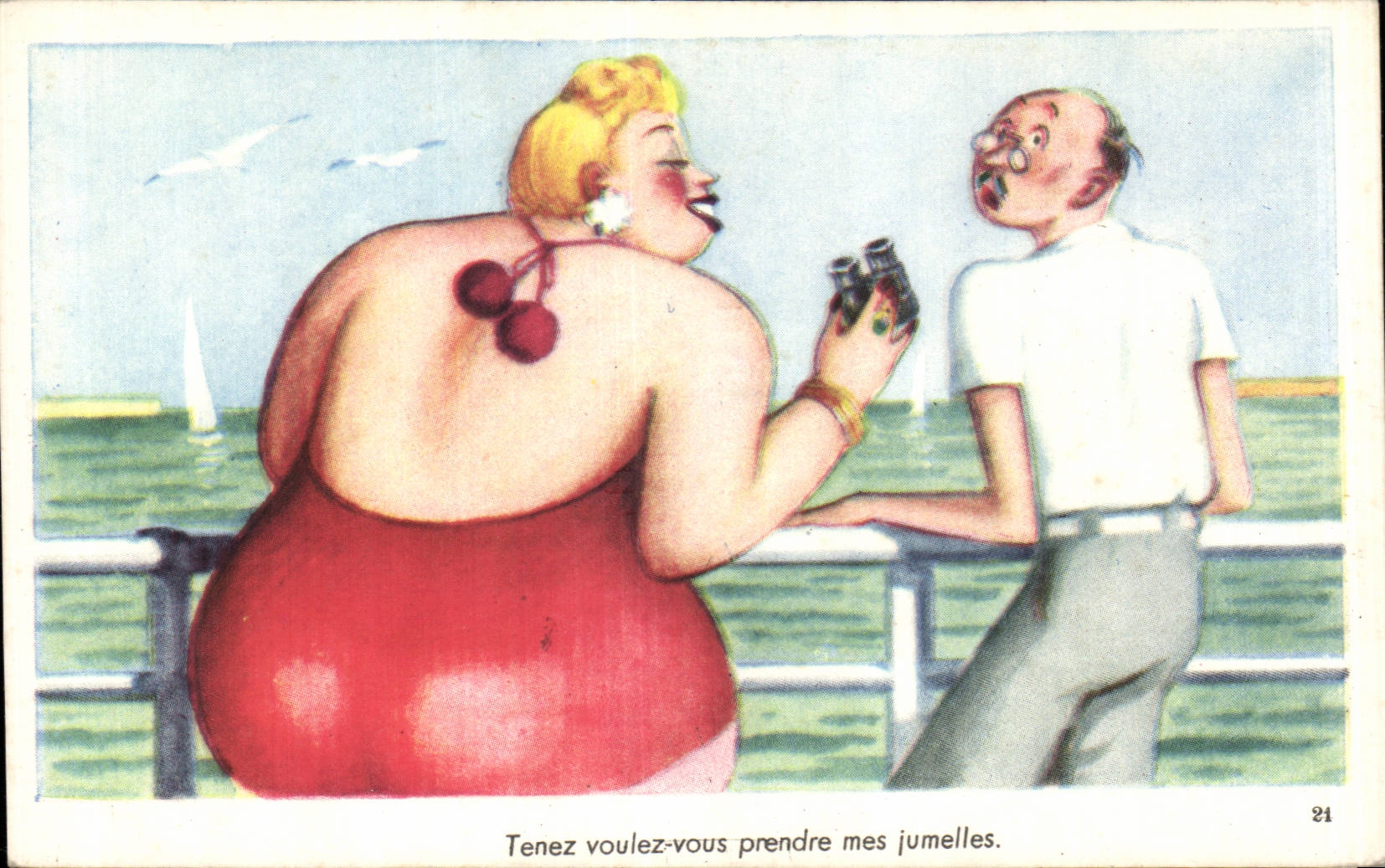 CPA Fantaisie Humour Femme forte Voulez vous prendre mes jumelles ?